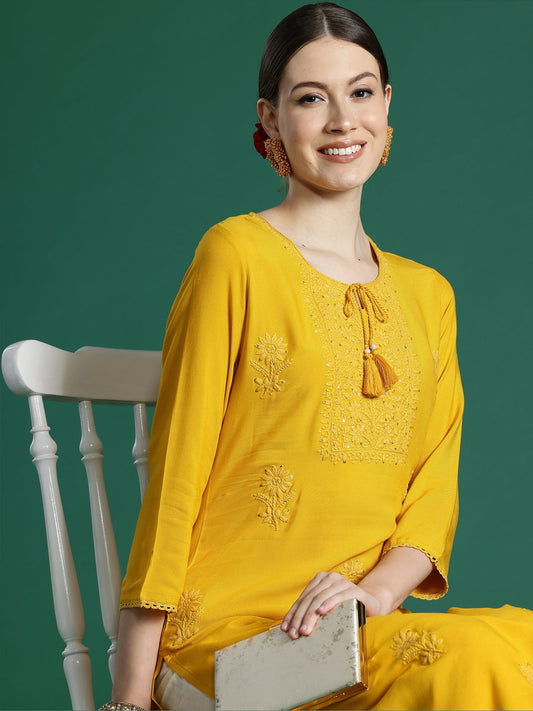 Women Mustard Embroidered Straight Kurtas