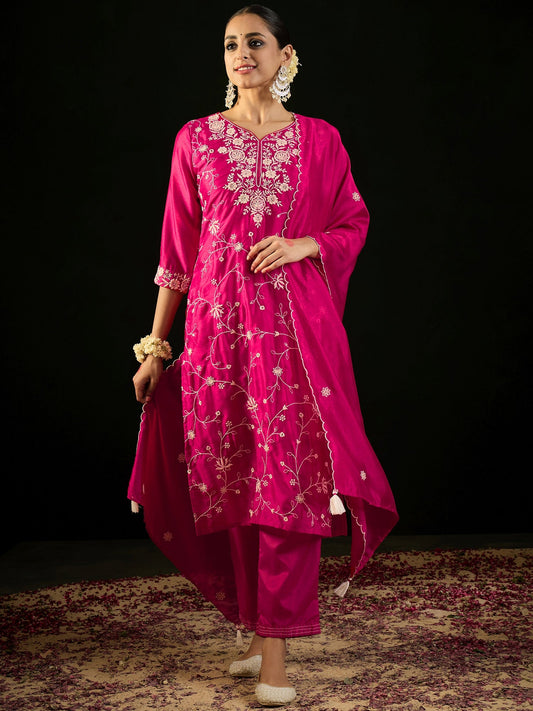 Women Pink Embroidered Straight Kurta Trousers With Dupatta Set