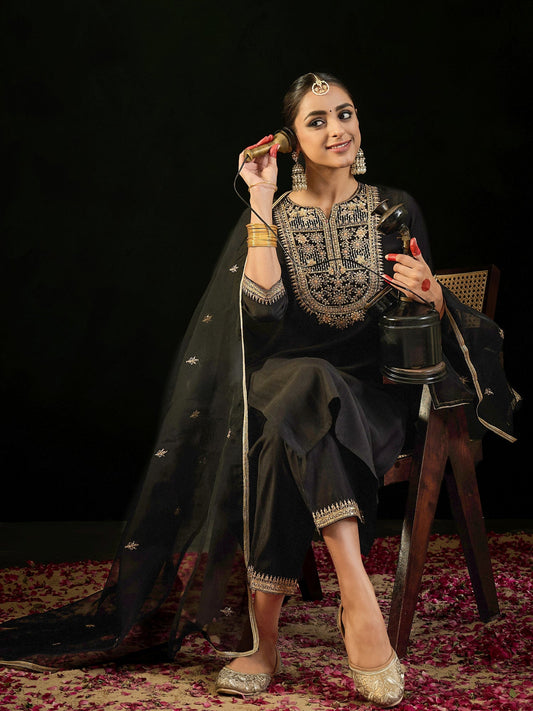 Women Black Embroidered Straight Kurta Trousers With Dupatta Set