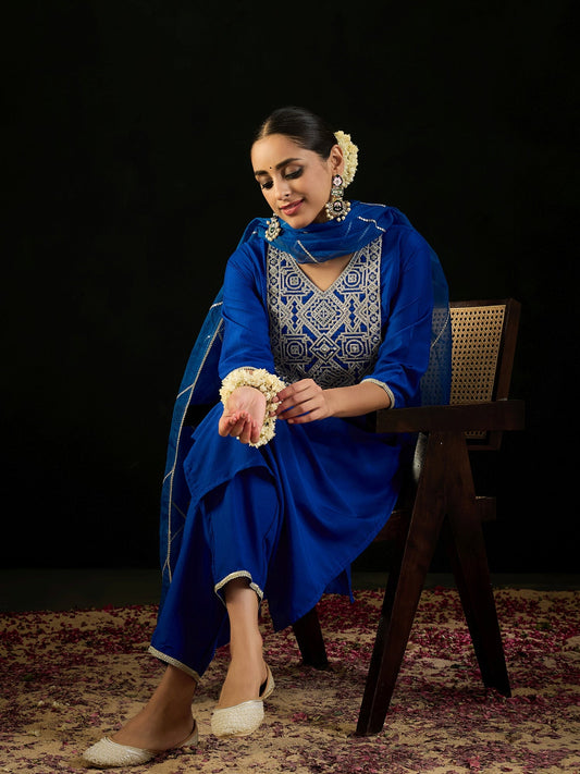 Women Blue Embroidered Straight Kurta Trousers With Dupatta Set