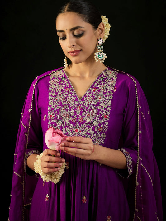 Women Purple Embroidered A-Line Kurta Trousers With Dupatta Set