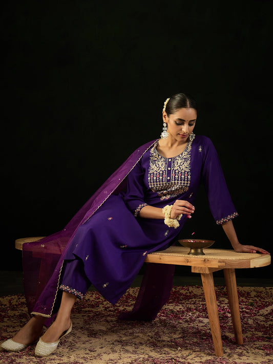 Women Purple Embroidered Straight Kurta Trousers With Dupatta Set