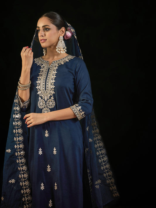 Women Navy Blue Embroidered Straight Kurta Trousers With Dupatta Set