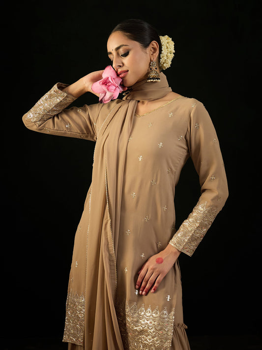 Women Beige Embroidered Straight Kurta Sharara With Dupatta Set