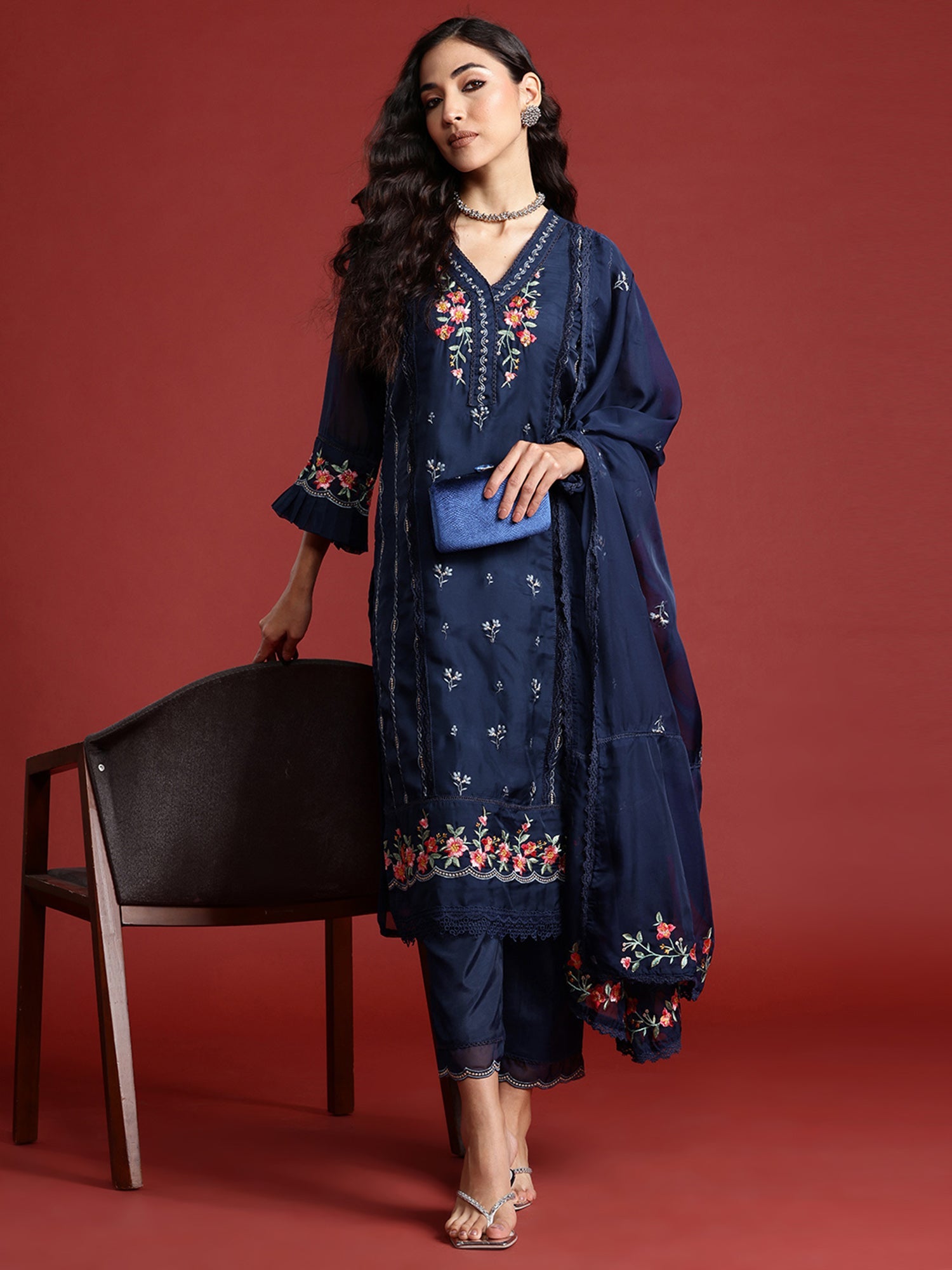 Women Navy Blue Embroidered Straight Kurta Trousers With Dupatta Set