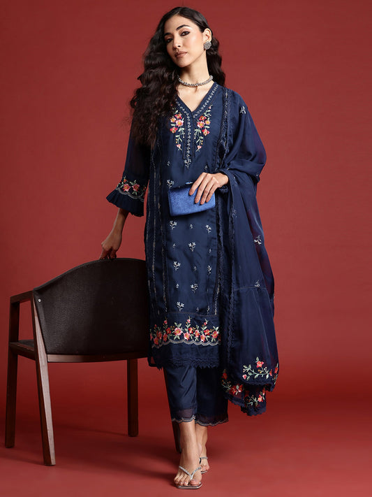 Women Navy Blue Embroidered Straight Kurta Trousers With Dupatta Set