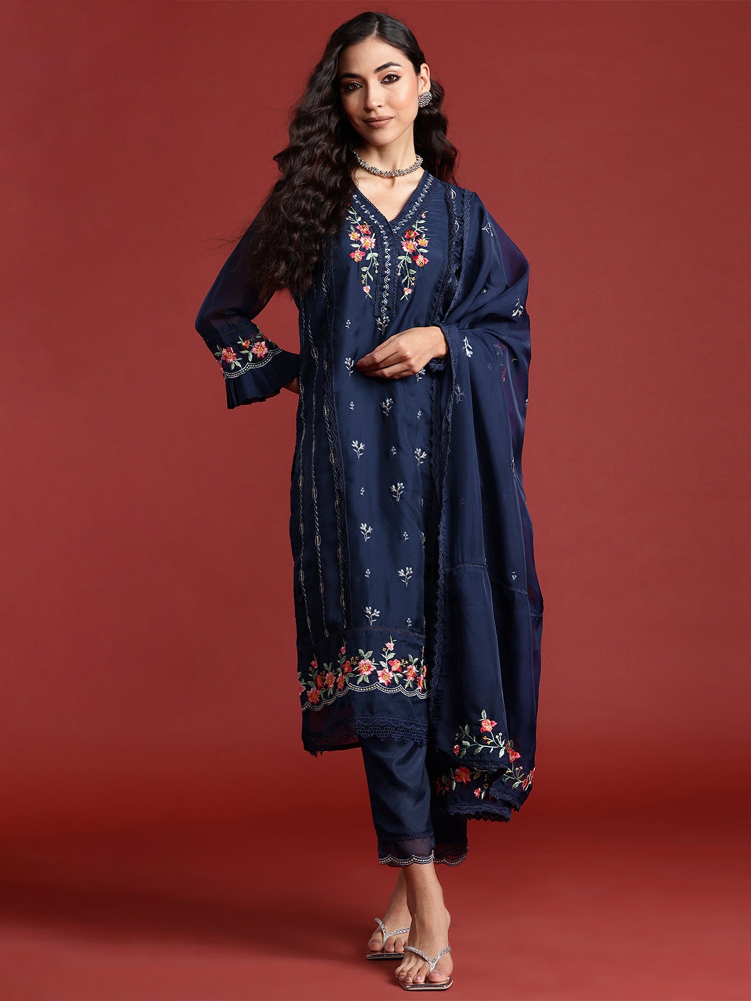 Women Navy Blue Embroidered Straight Kurta Trousers With Dupatta Set