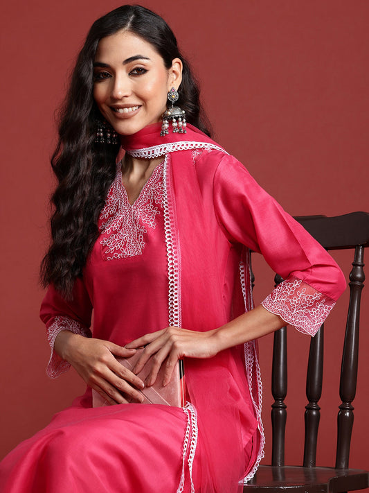 Women Pink Embroidered Straight Kurta Trousers With Dupatta Set