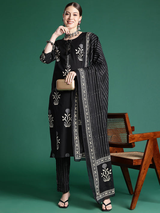 Women Black Printed Straight Kurta Trousers With Dupatta Set