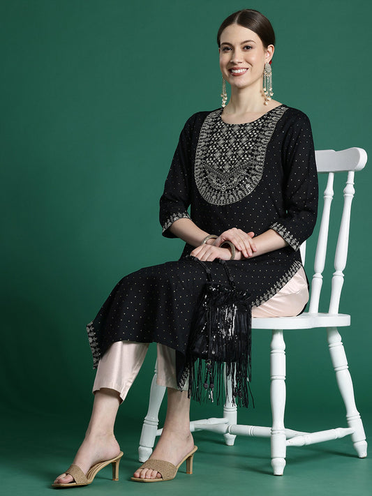 Women Black Embroidered Straight Kurtas