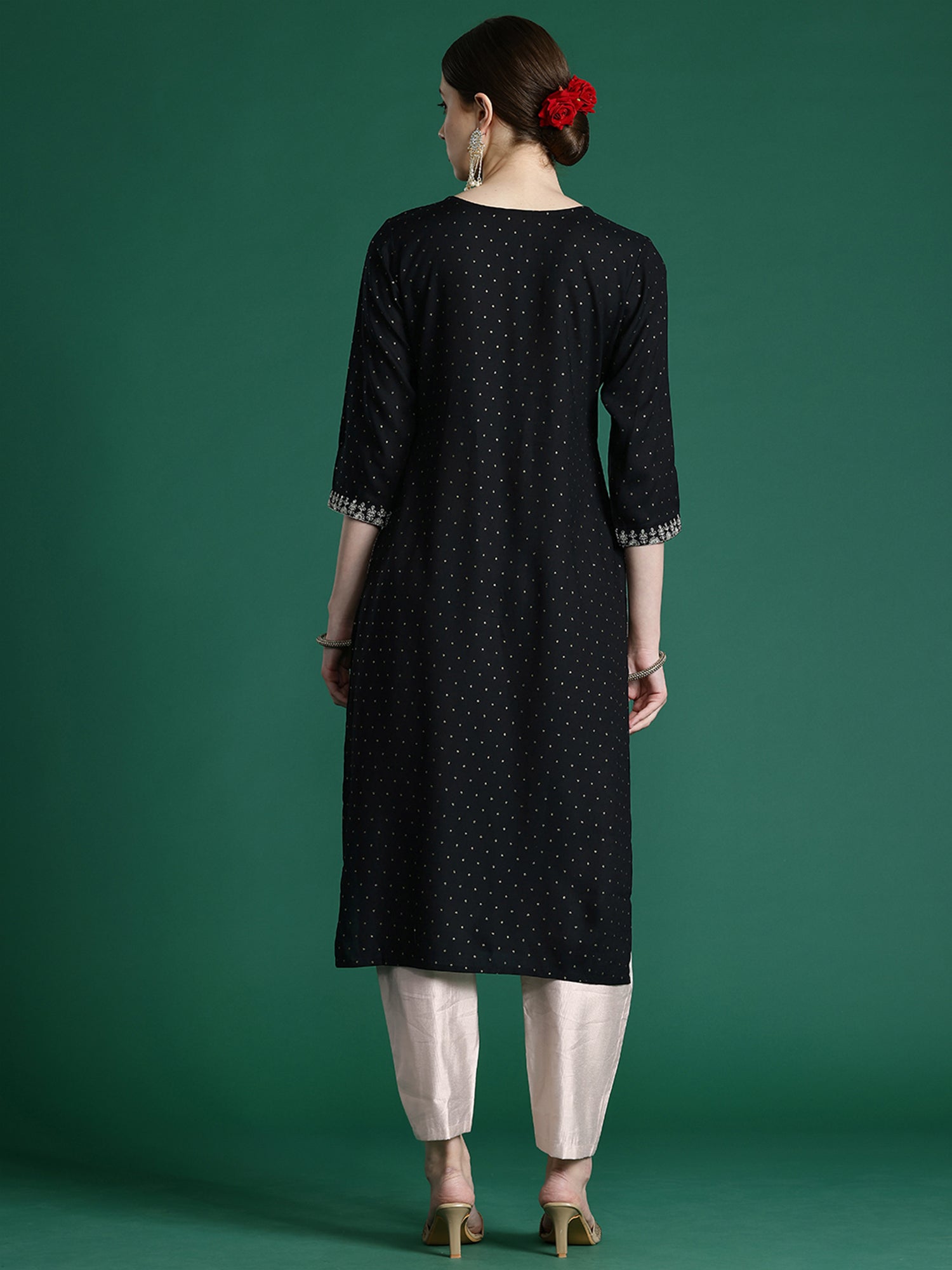 Women Black Embroidered Straight Kurtas