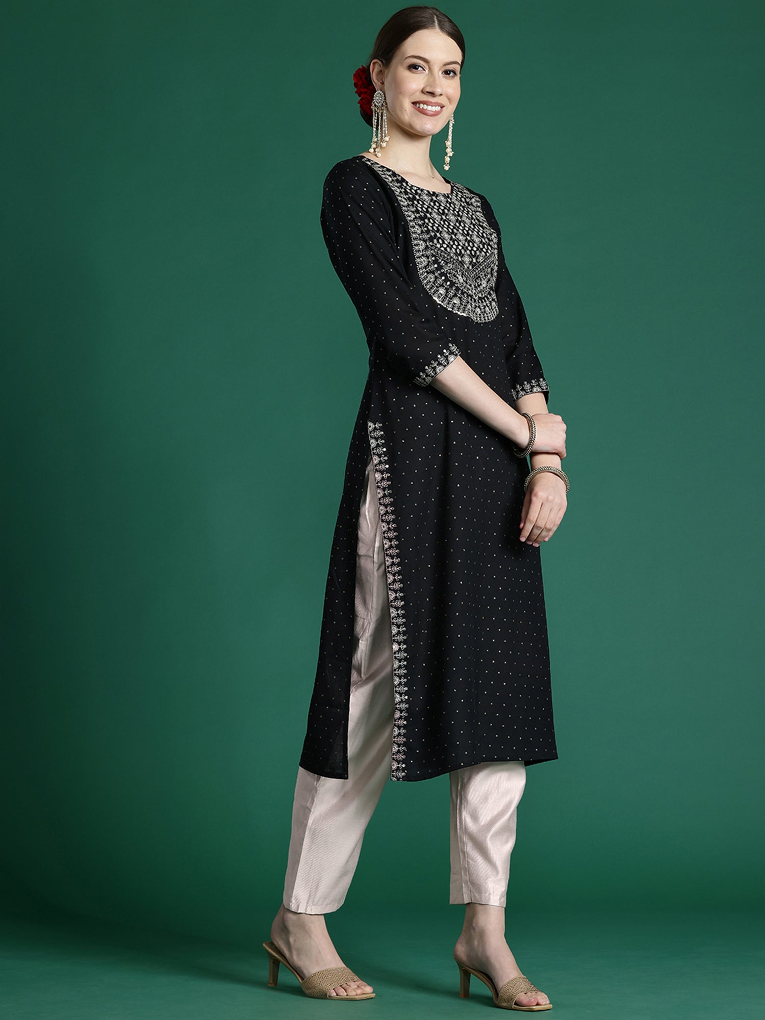 Women Black Embroidered Straight Kurtas