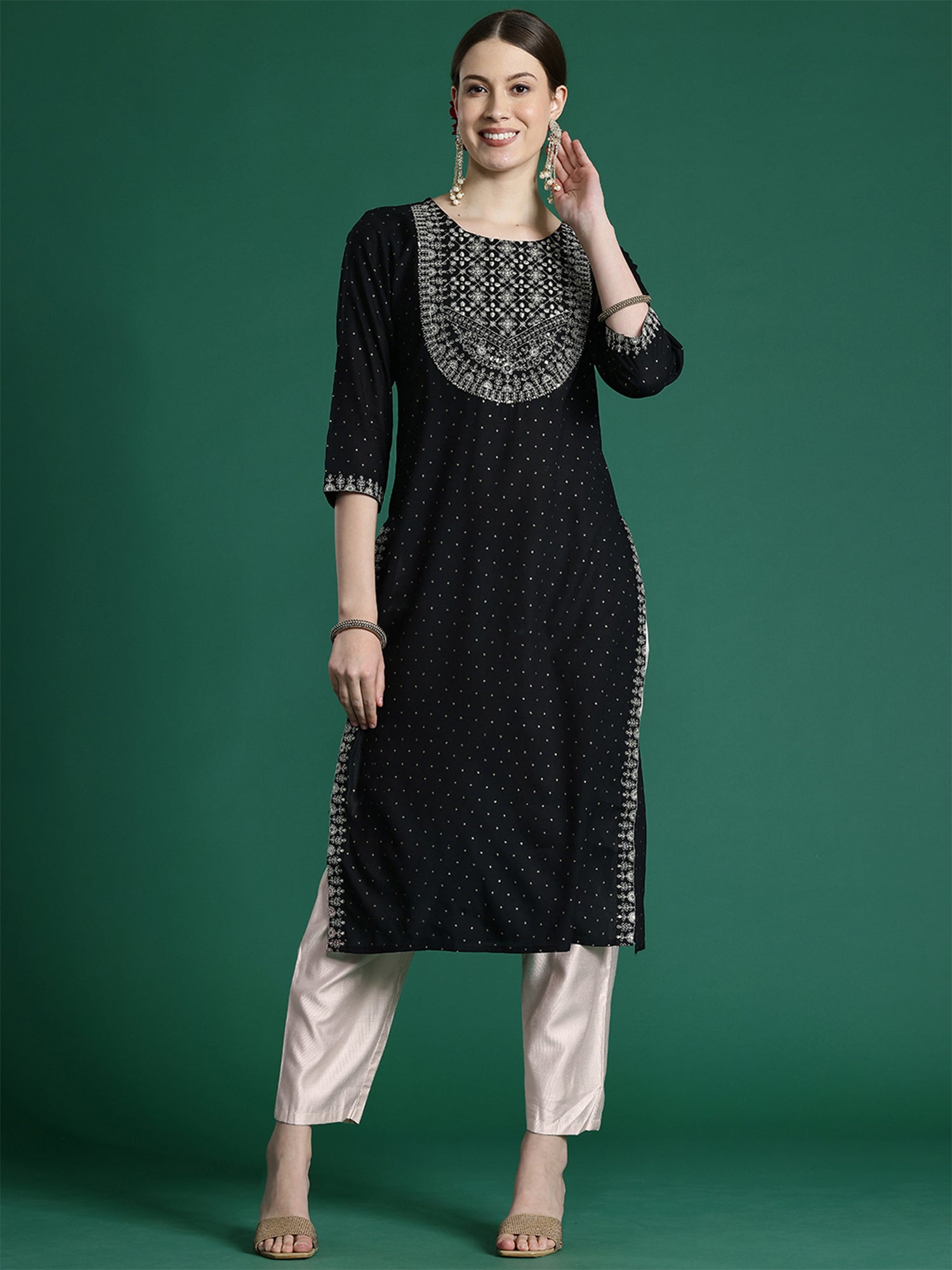 Women Black Embroidered Straight Kurtas