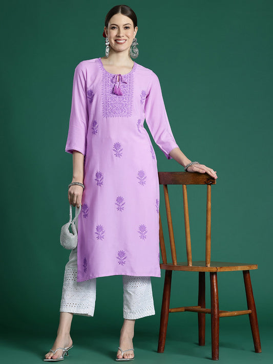 Women Purple Embroidered Straight Kurtas