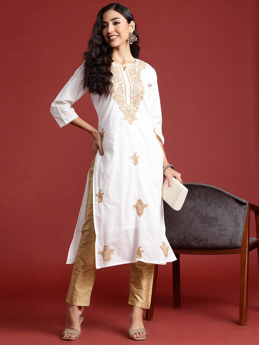 Women White Embroidered Straight Kurtas