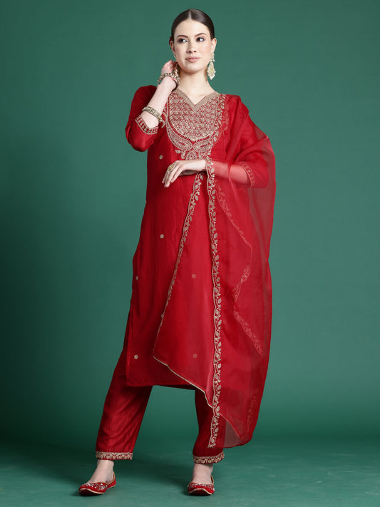 Women Red Embroidered Straight Kurta Palazzos With Dupatta Set