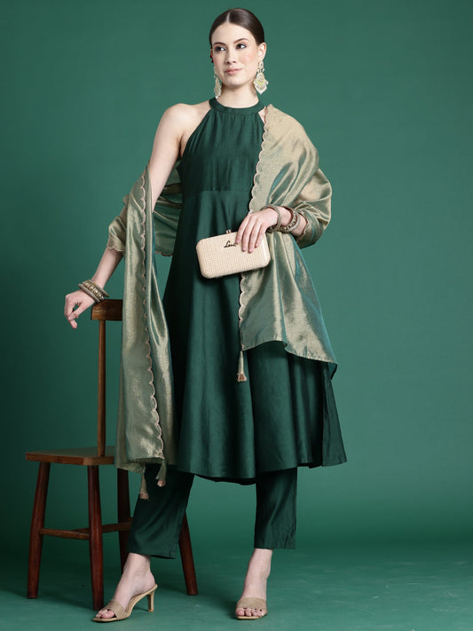 Women Green Solid A-Line Kurta Trousers With Dupatta Set