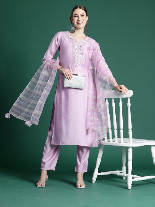 Women Lavender Embroidered Straight Kurta Trousers Set