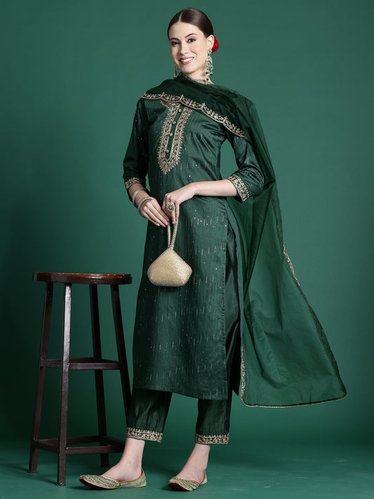 Women Green Embroidered Straight Kurta Trousers With Dupatta Set