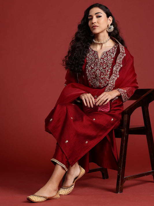 Women Maroon Embroidered Straight Kurta Trousers With Dupatta Set