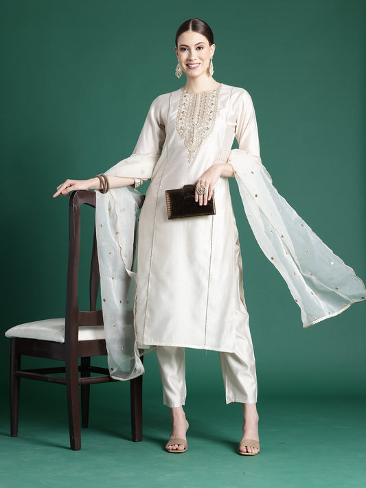 Women Off White Embroidered Straight Kurta Trousers With Dupatta Set