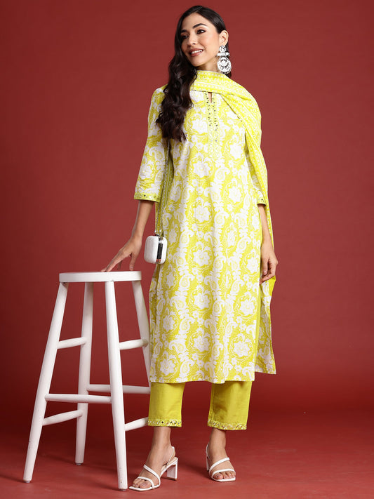 Women Green Printed Straight Kurta Trousers With Dupatta Set