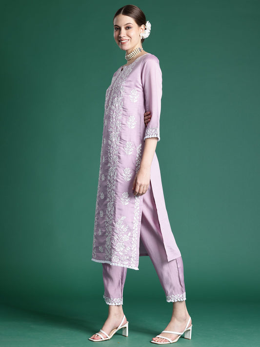 Women Lavender Embroidered Straight Kurta Trousers With Dupatta  Set