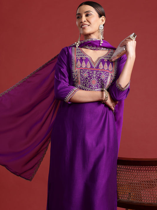 Women Purple Embroidered Straight Kurta Trousers With Dupatta Set