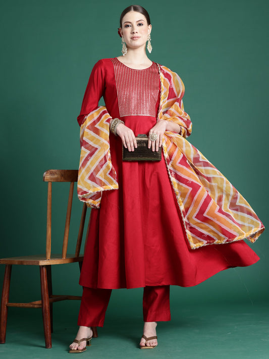 Women Red Embroidered A-Line Kurta Trousers With Dupatta Set