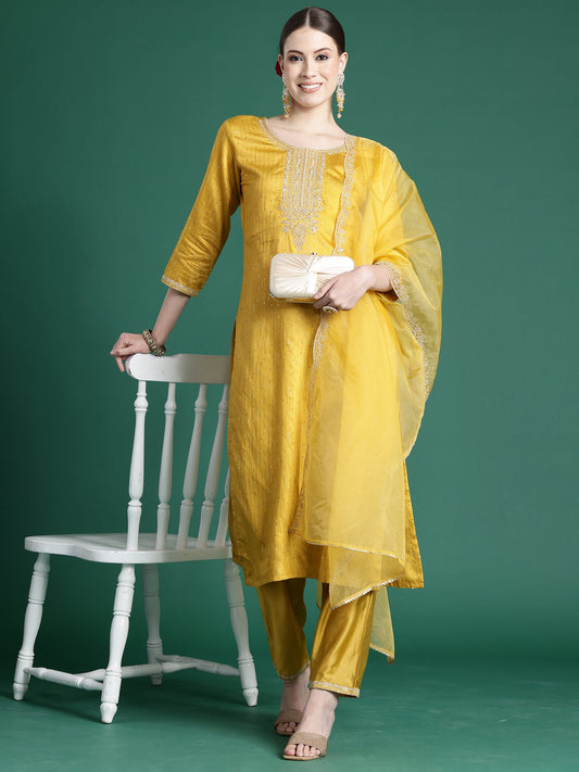 Women Yellow Embroidered Straight Kurta Trousers With Dupatta Set