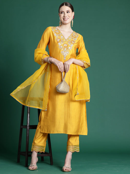 Women Yellow Embroidered Straight Kurta Trousers With Dupatta Set