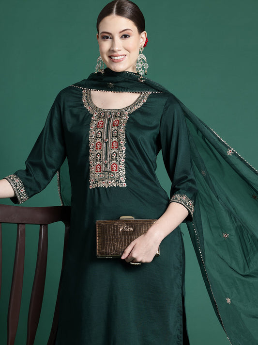 Women Green Embroidered Straight Kurta Trousers With Dupatta Set