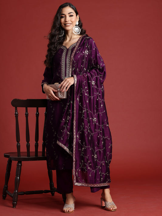 Women Purple Embroidered Straight Kurta Trousers With Dupatta Set