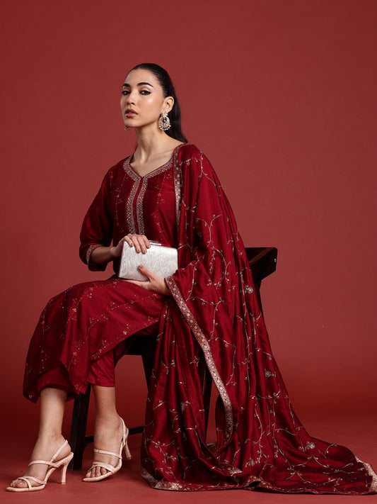 Women Maroon Embroidered Straight Kurta Trousers With Dupatta Set