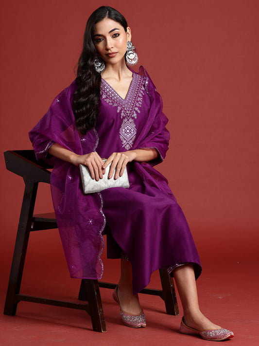 Women Purple Embroidered Straight Kurta Trousers With Dupatta Set