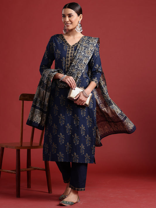 Women Blue Printed Straight Kurta Trousers With Dupatta Set