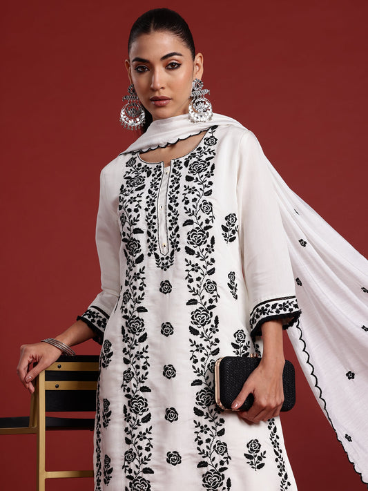 Women White Embroidered Straight Kurta Trousers With Dupatta  Set