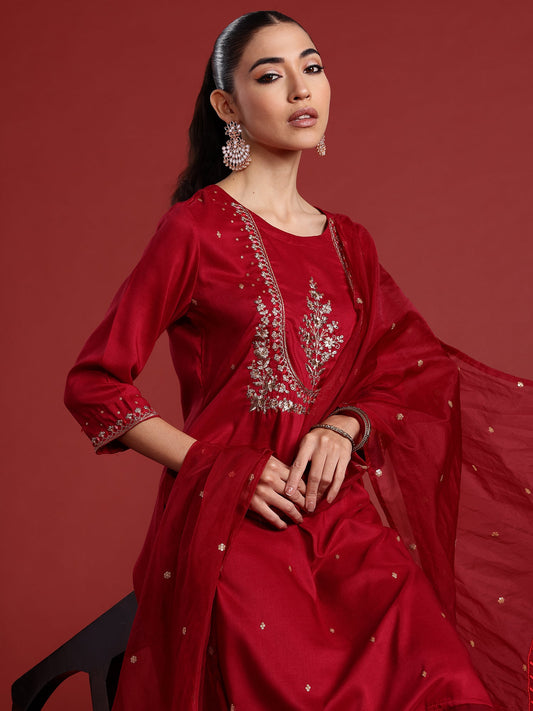 Women Maroon Embroidered Straight Kurta Trousers With Dupatta Set