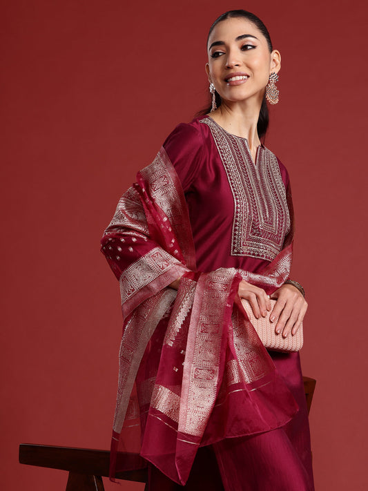 Women Burgundy Embroidered Straight Kurta Trousers With Dupatta Set