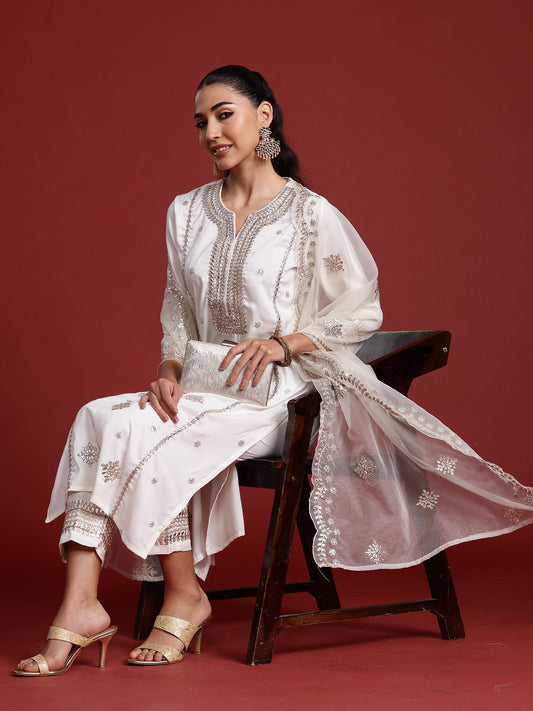 Women Off White Embroidered Straight Kurta Trousers With Dupatta Set