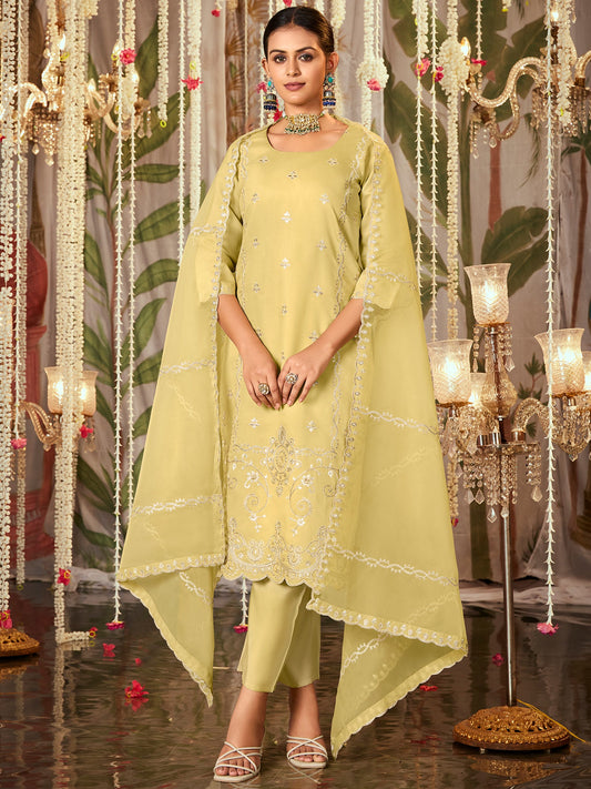 Women Yellow Straight Embroidered Kurta Trousers With Dupatta Set