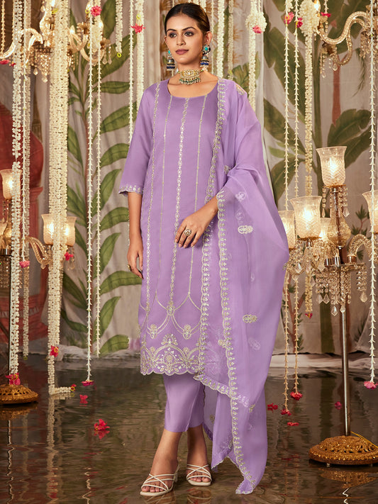 Women Lavender Straight Embroidered Kurta Trousers With Dupatta Set