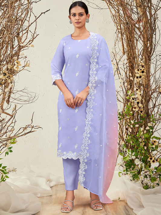 Women Lavender Straight Embroidered Kurta Trousers With Dupatta Set