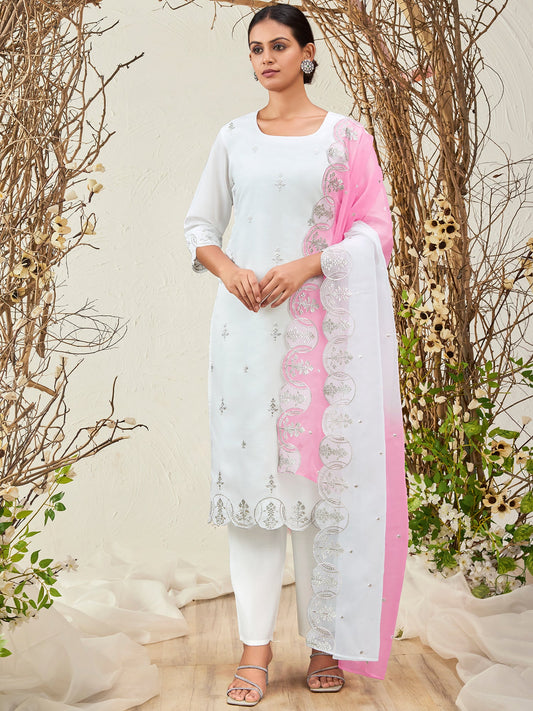 Women White Straight Embroidered Kurta Trousers With Dupatta Set