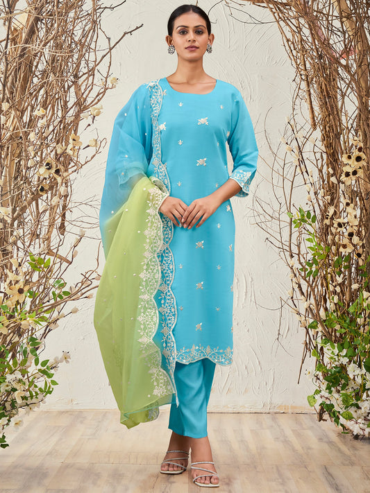 Women Blue Straight Embroidered Kurta Trousers With Dupatta Set