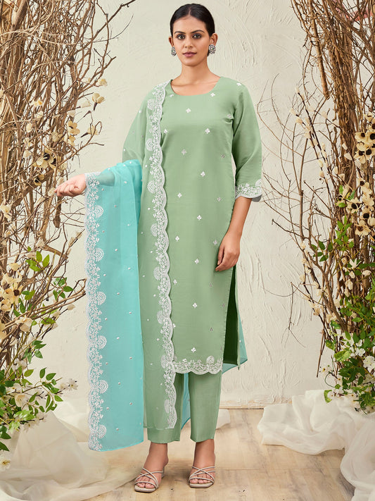 Women Sea Green Straight Embroidered Kurta Trousers With Dupatta Set