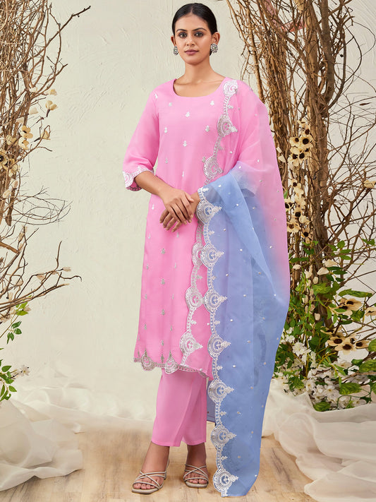 Women Pink Straight Embroidered Kurta Trousers With Dupatta Set