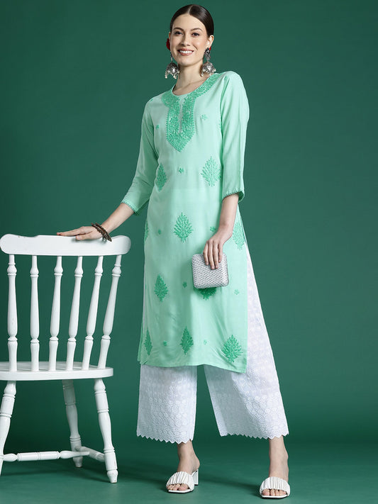 Women Sea Green Embroidered Straight Kurtas