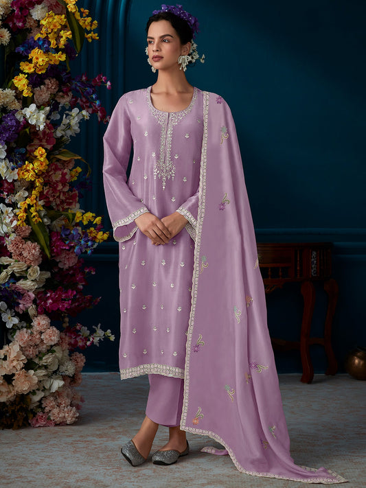 Women Lavender Straight Embroidered Kurta Trousers With Dupatta Set