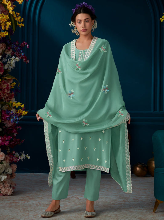 Women Green Straight Embroidered Kurta Trousers With Dupatta Set